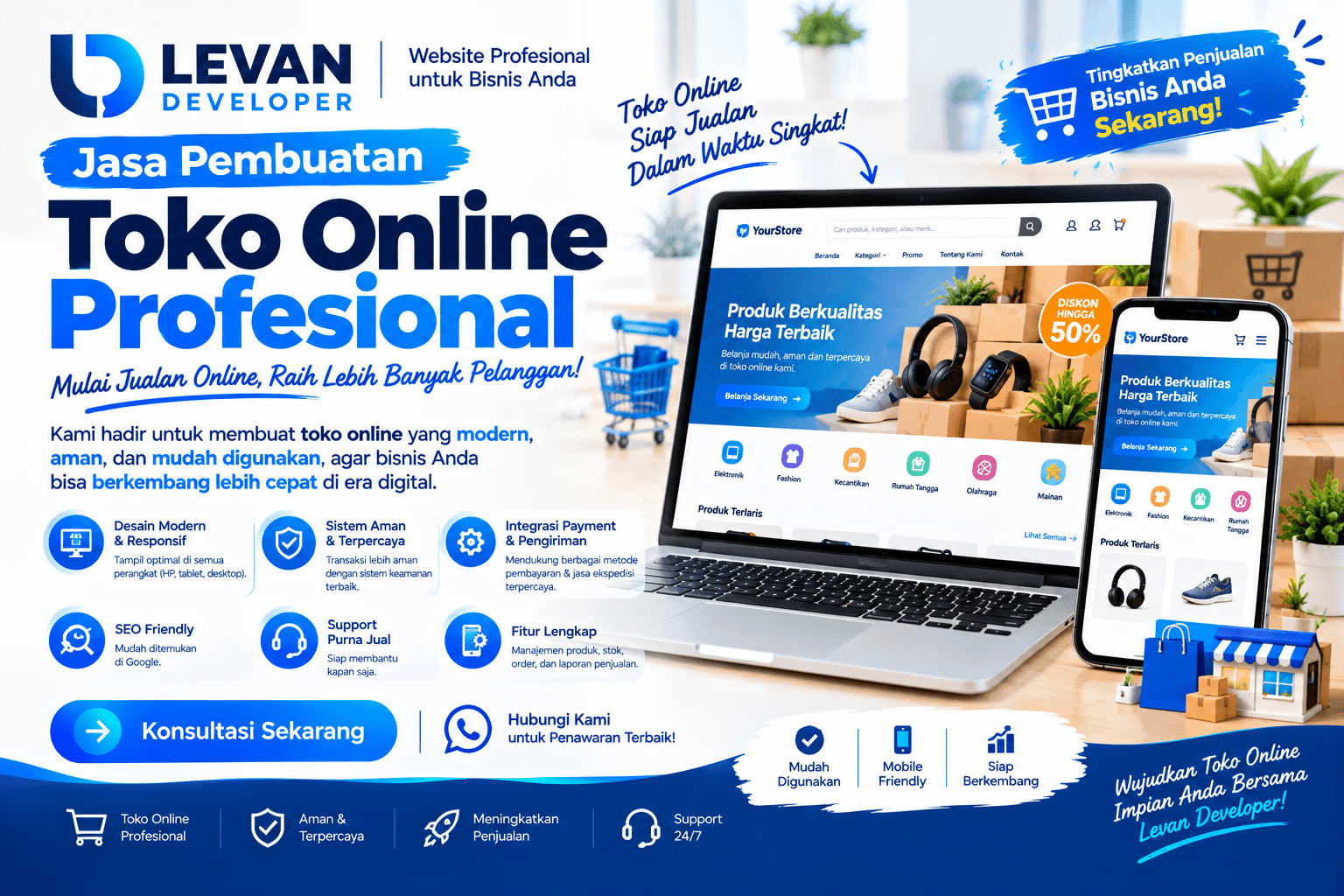Tampilan jasa pembuatan toko online dengan katalog produk dan checkout
